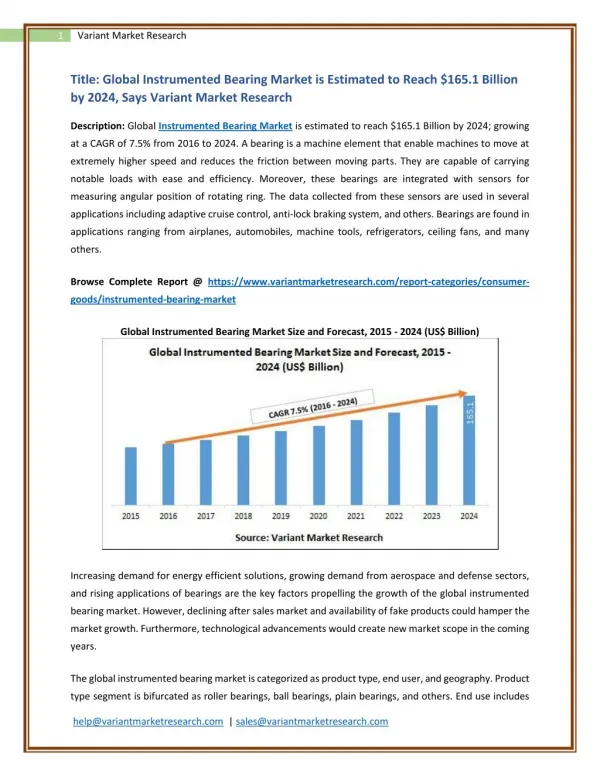 Global Instrumented Bearing Market is Estimated to Reach $165.1 Billion by 2024, Says Variant Market Research