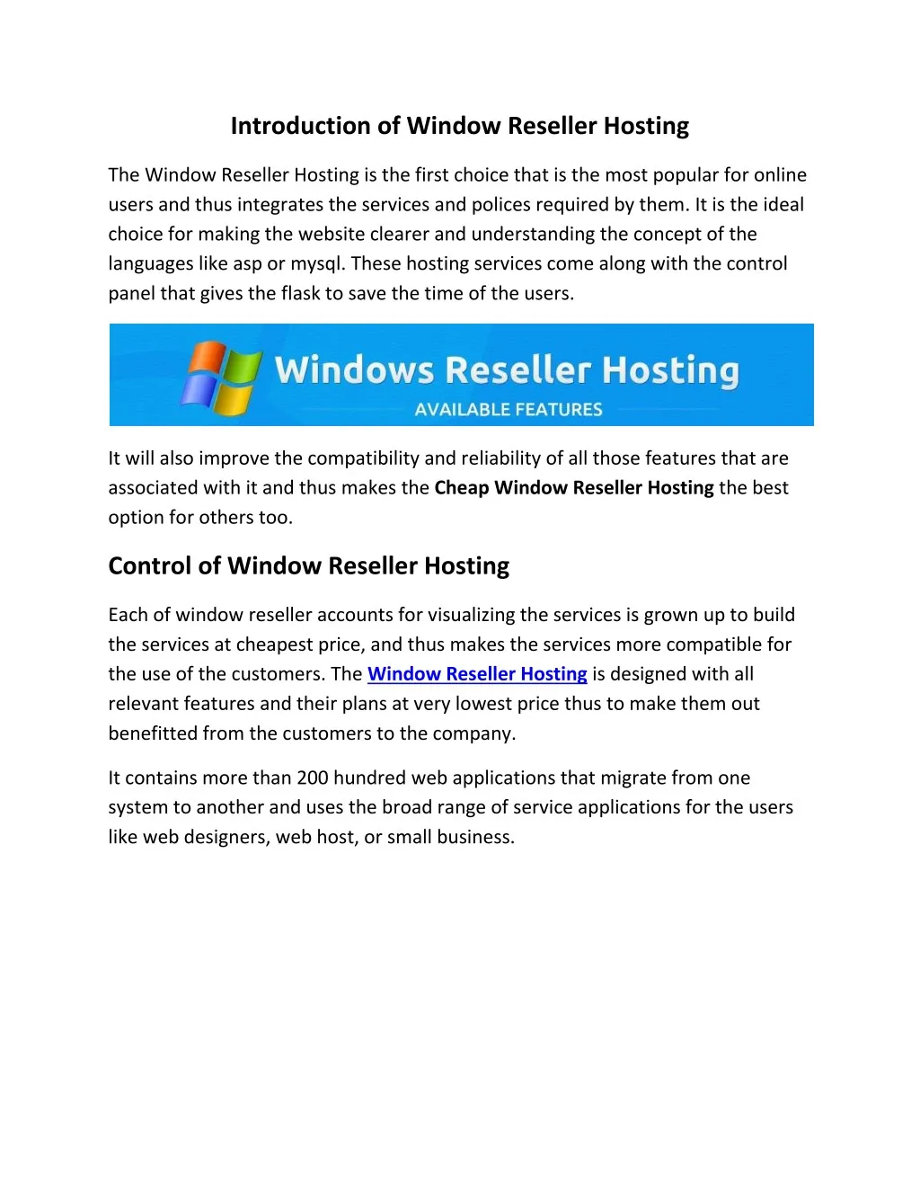 introduction of window reseller hosting
