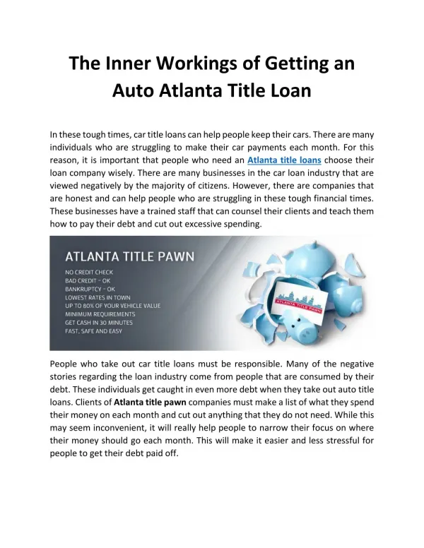 The Inner Workings of Getting an Auto Atlanta Title Loan