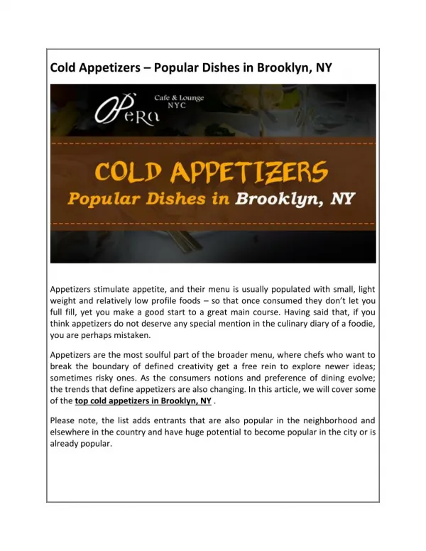 Cold Appetizers - Popular Dishes in Brooklyn, NY
