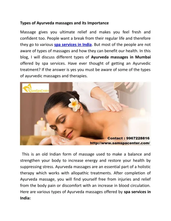 Types of ayurveda massages and its importance - samspacenter