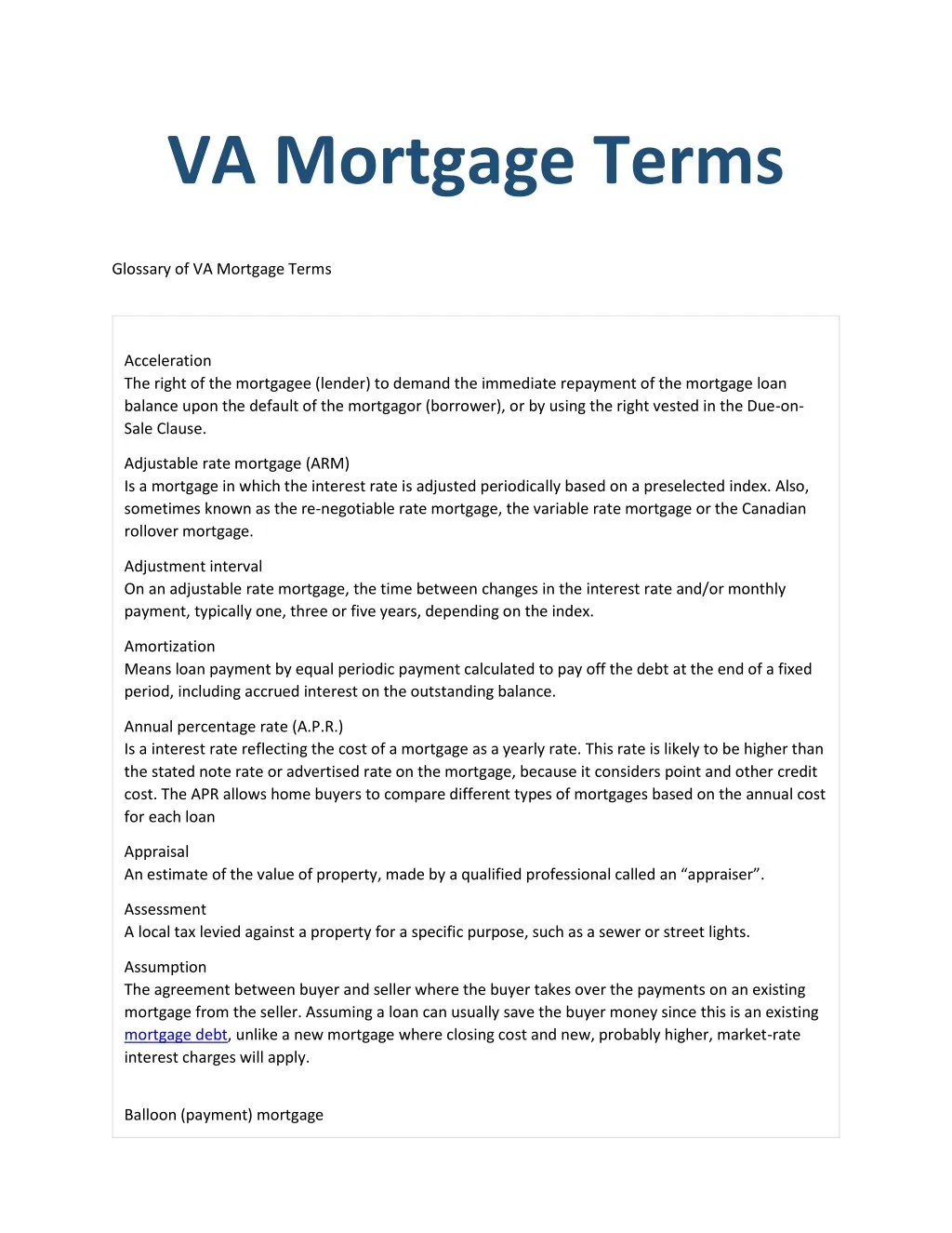 va mortgage terms