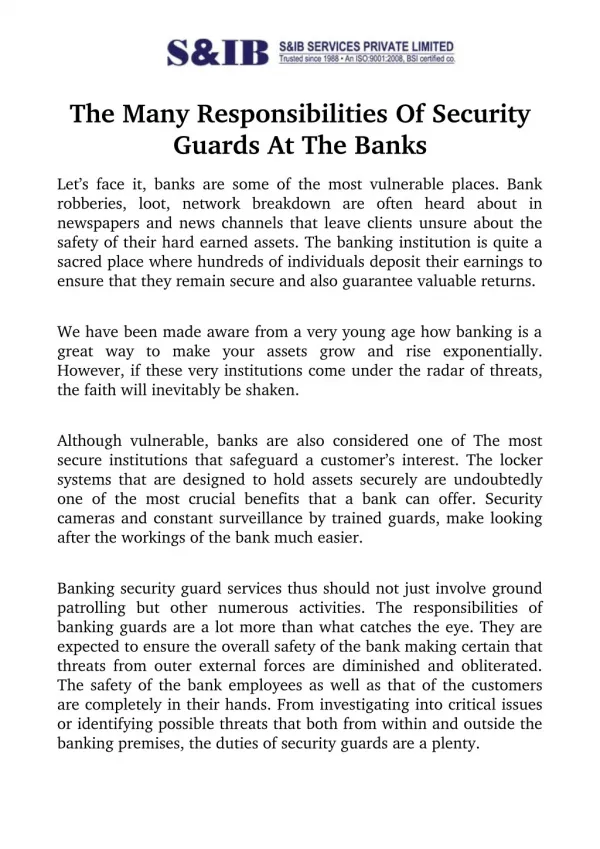 The Many Responsibilities Of Security Guards At The Banks