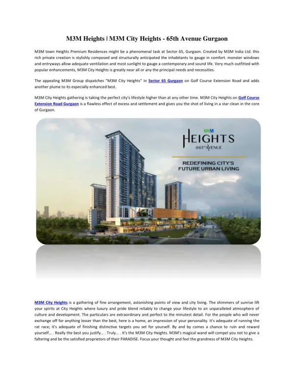 M3M Heights | M3M City Heights - 65th Avenue Gurgaon