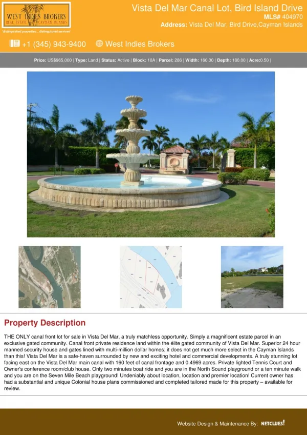 Land for Sale - Vista Del Mar Canal Lot, Bird Island Drive | CaymanIslands