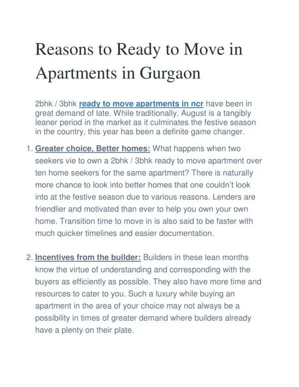 Reasons to Ready to Move in Apartments in Gurgaon