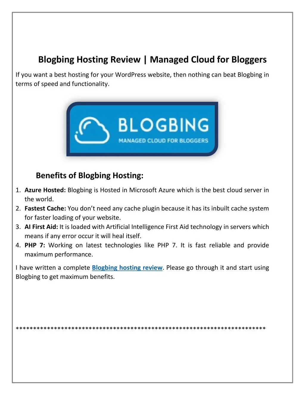 blogbing hosting review managed cloud for bloggers