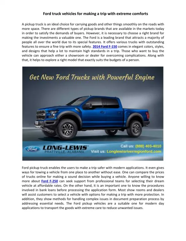 Ford truck vehicles for making a trip with extreme comforts