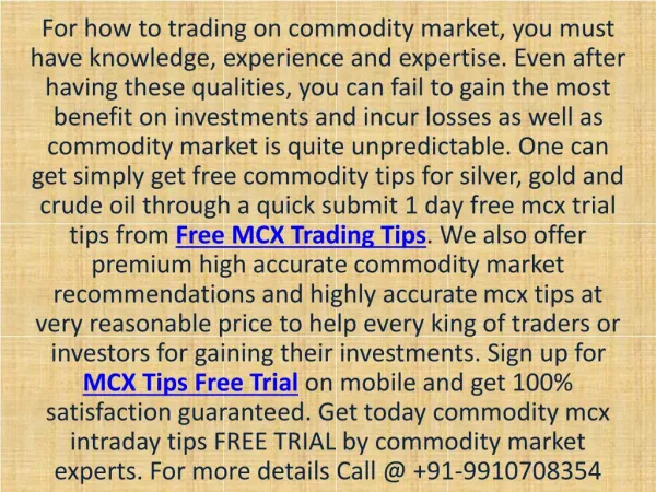 Get Today Commodity MCX Intraday Tips Free Trial By Commodity Market Experts