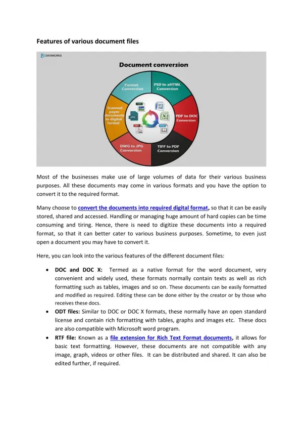 Features of various document files