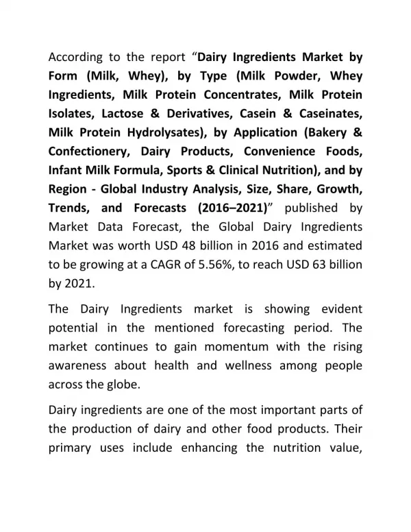 Dairy Ingredients Market Value, Share, Size and Growth to 2021