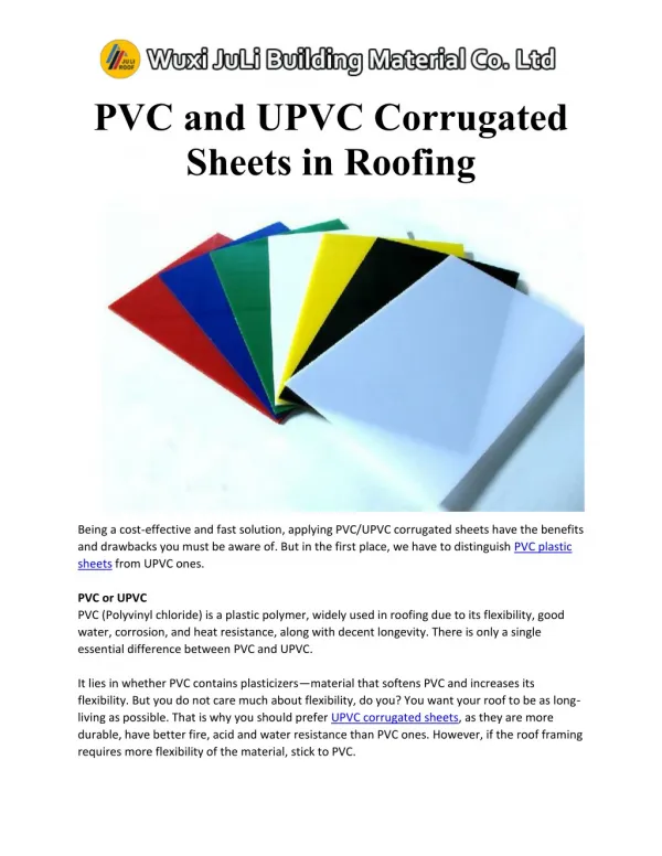 Pvc and upvc corrugated sheets in roofing