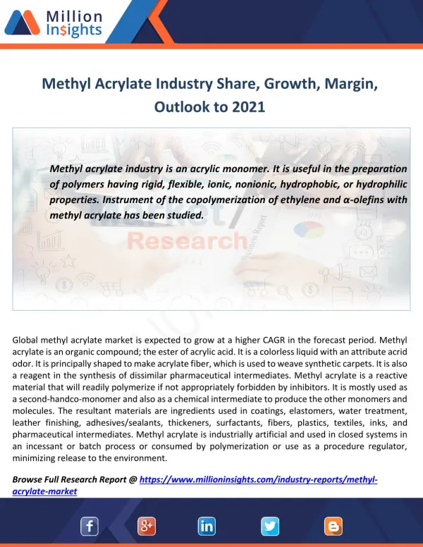 Methyl Acrylate Market by Applications, opportunities,Key Player Forecast 2016-2021