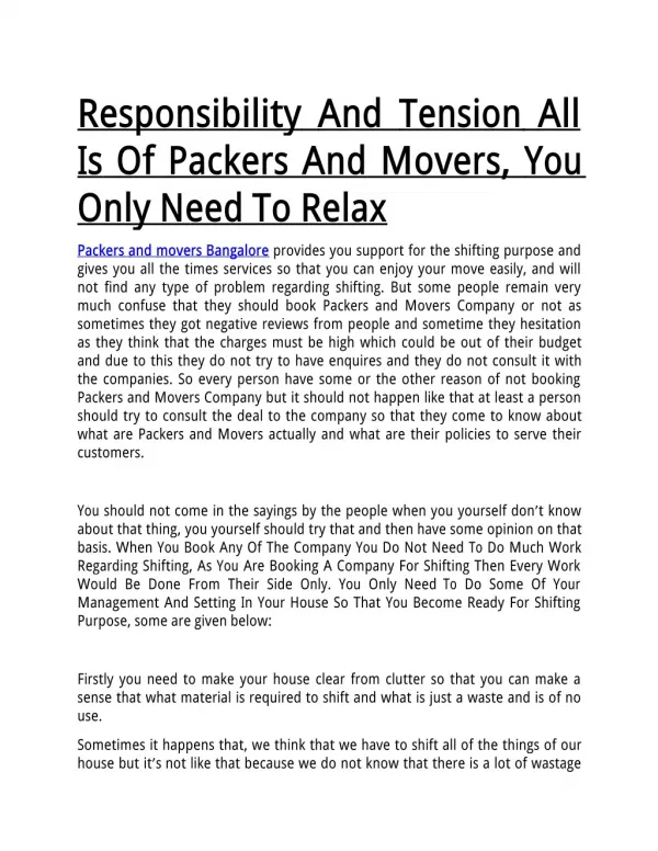 Responsibility And Tension All Is Of Packers And Movers, You Only Need To Relax