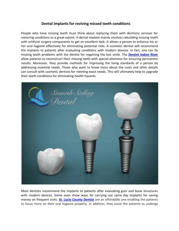 Dental implants for reviving missed teeth conditions