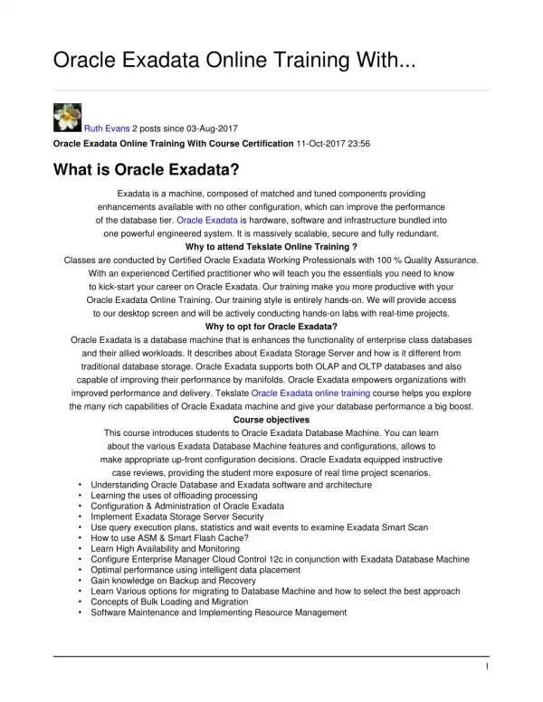 Oracle Exadata Online Training with Course Certification