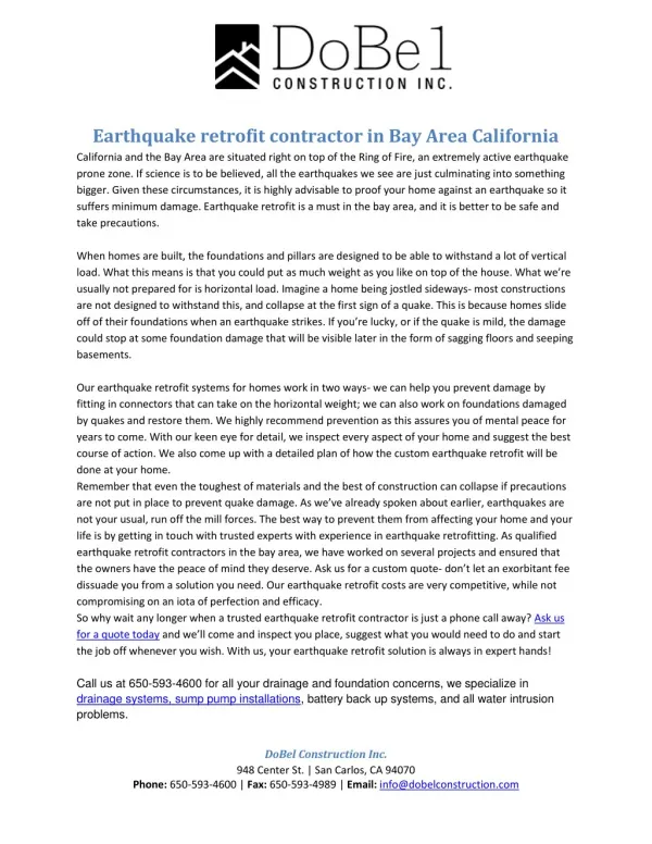 Earthquake retrofit contractor in Bay Area California