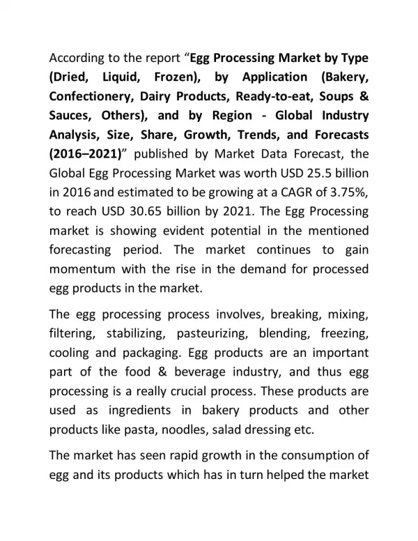 Egg Processing Market will reach USD 30.65 billion by 2021
