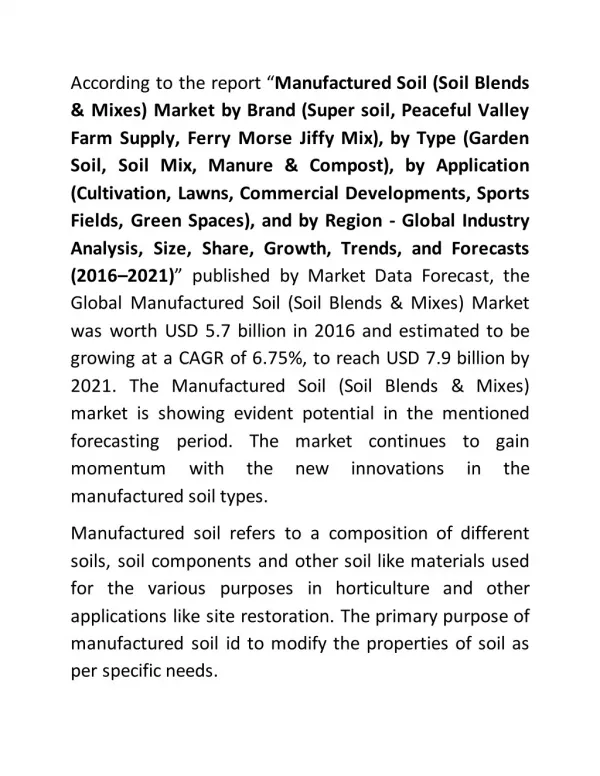 Manufactured Soil (Soil Blends & Mixes) Market to reach USD 7.9 billion by 2021