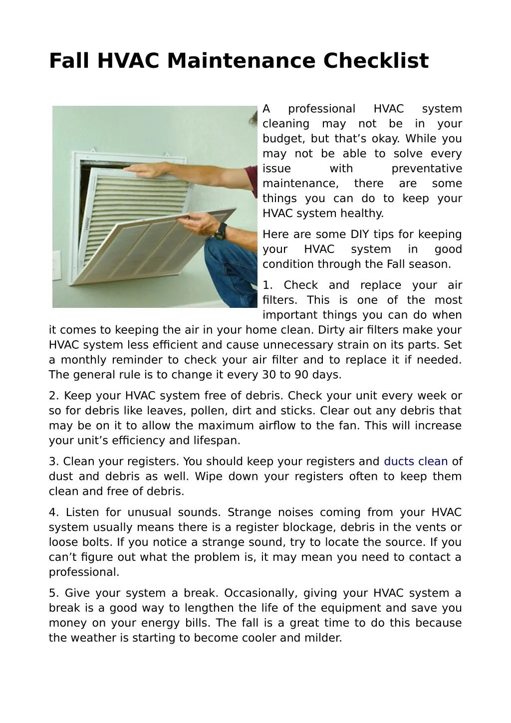 fall hvac maintenance checklist