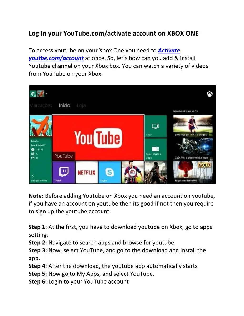 log in your youtube com activate account on xbox