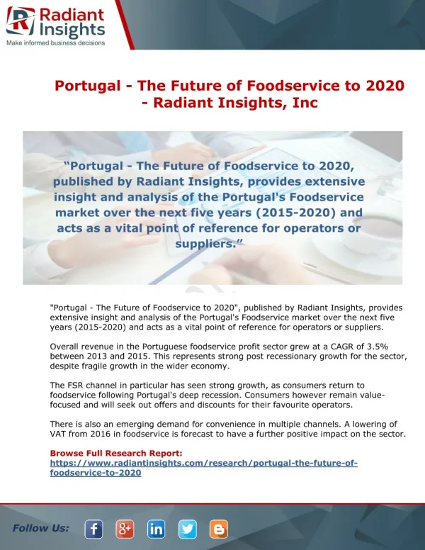 Portugal - The Future of Foodservice to 2020 - Trend, Share, Growth and Forecast