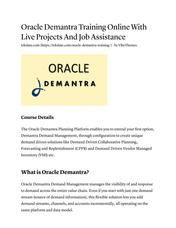 Oracle Demantra Training Online With Live Projects And Job Assistance