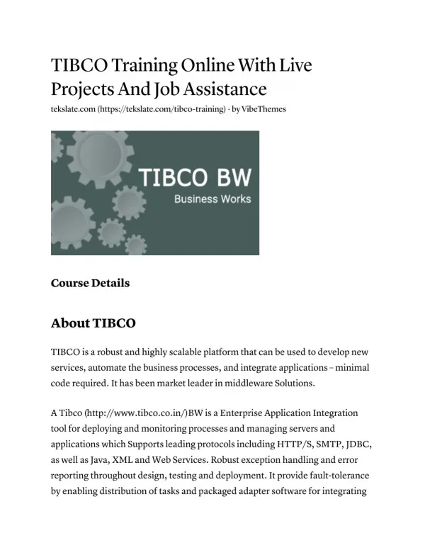 Tibco BW Online Training with Course Certification