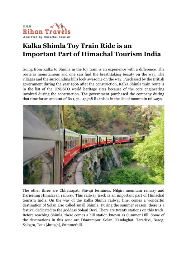 Kalka Shimla Toy Train Ride is an Important Part of Himachal Tourism India