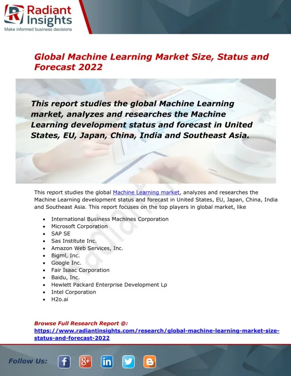 2017 Market Research explores the Machine Learning Industry Trends:Radiant Insights, Inc