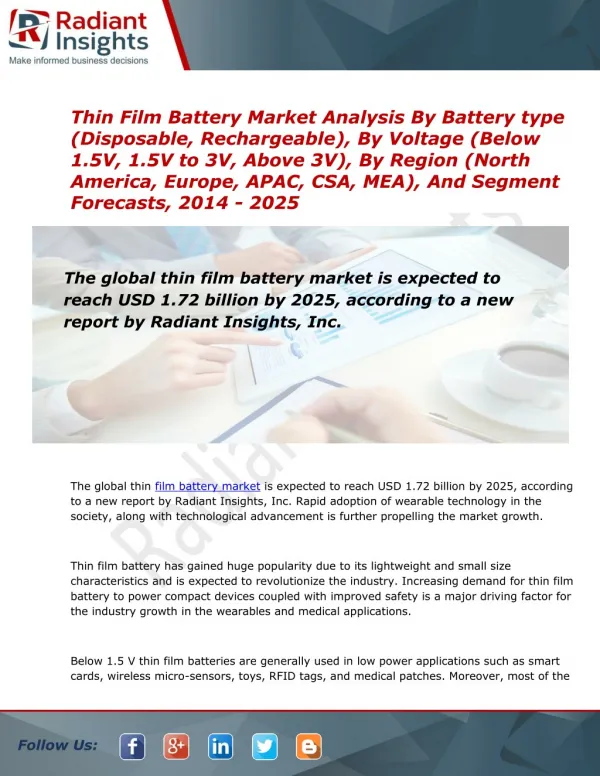 2014 Market Research explores the Thin Film Battery Industry Trends:Radiant Insights, Inc