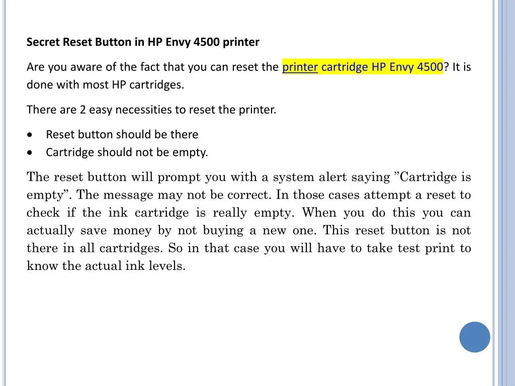secret reset button in hp envy 4500 printer