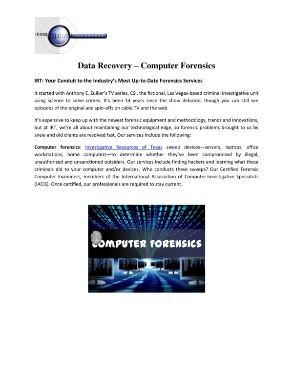 Best Computer Forensics and Data Recovery Private Investigator Texas