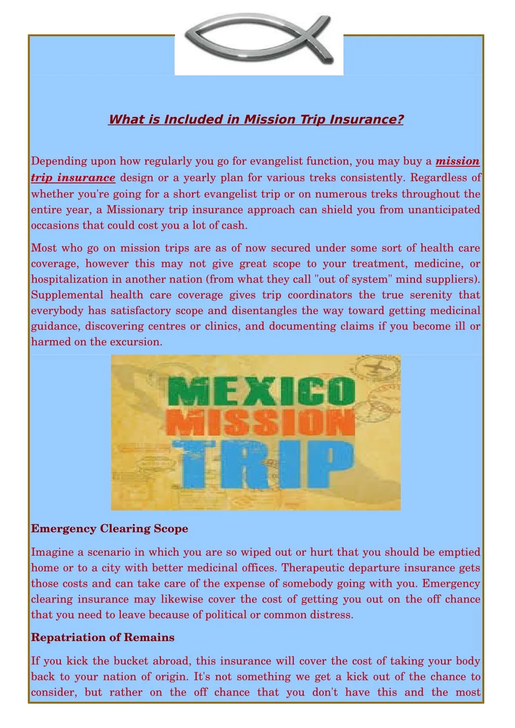 what is included in mission trip insurance