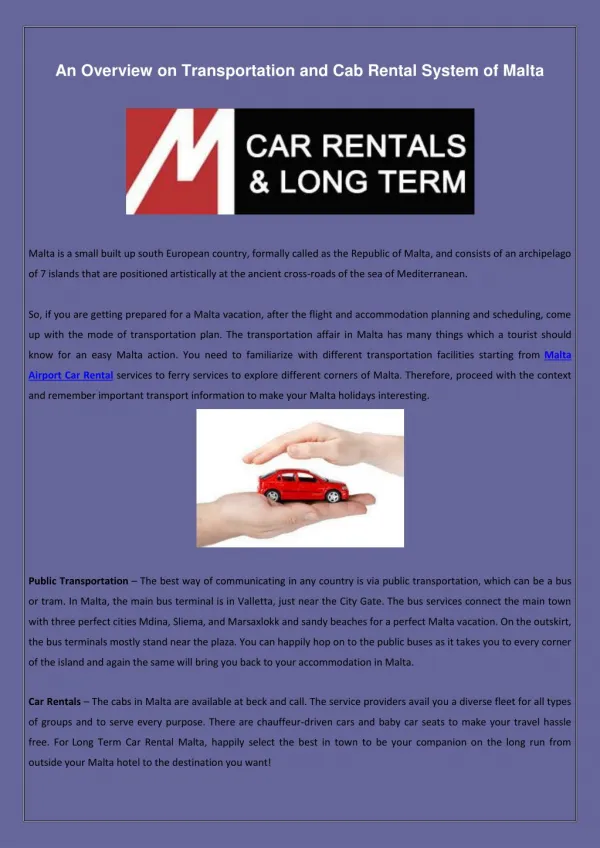 An Overview on Transportation and Cab Rental System of Malta