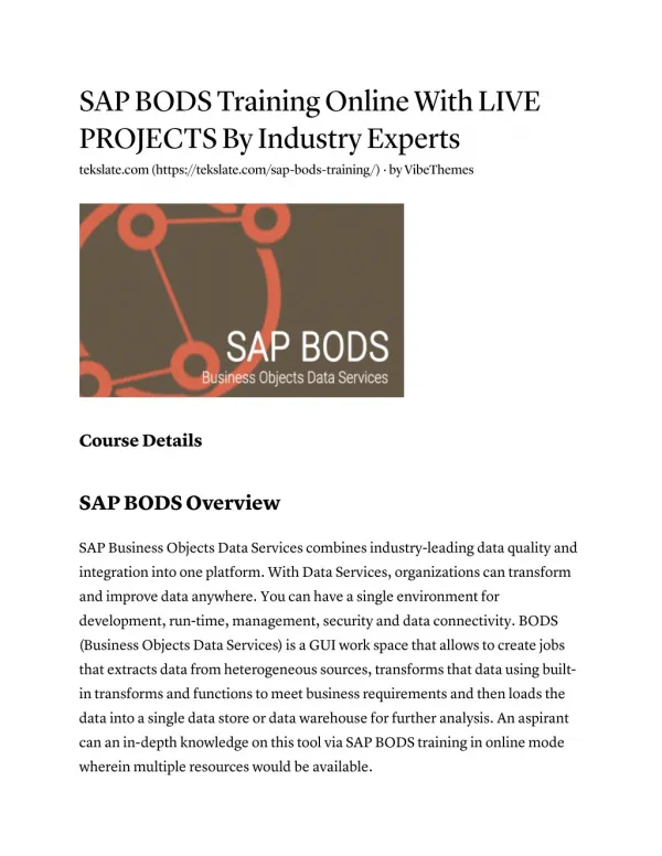 SAP BODS Online Training