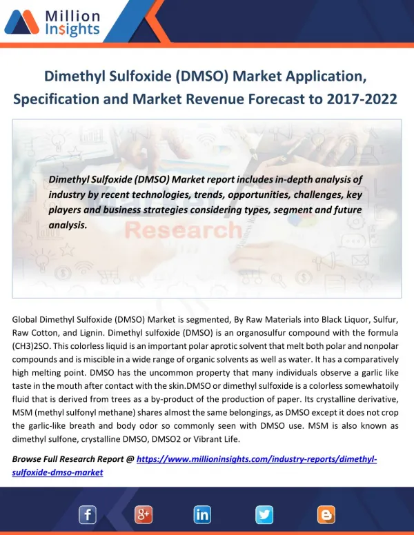 Dimethyl Sulfoxide (DMSO) Market Application, Specification and Market Revenue Forecast to 2017-2022
