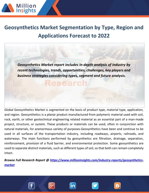 Geosynthetics Market Segmentation by Type, Region and Applications Forecast to 2022