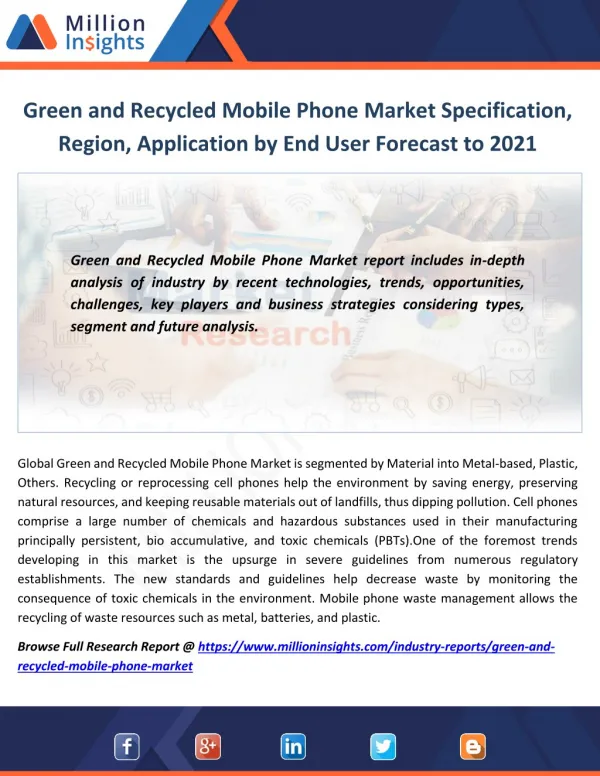 Green and Recycled Mobile Phone Market Specification, Region, Application by End User Forecast to 2021
