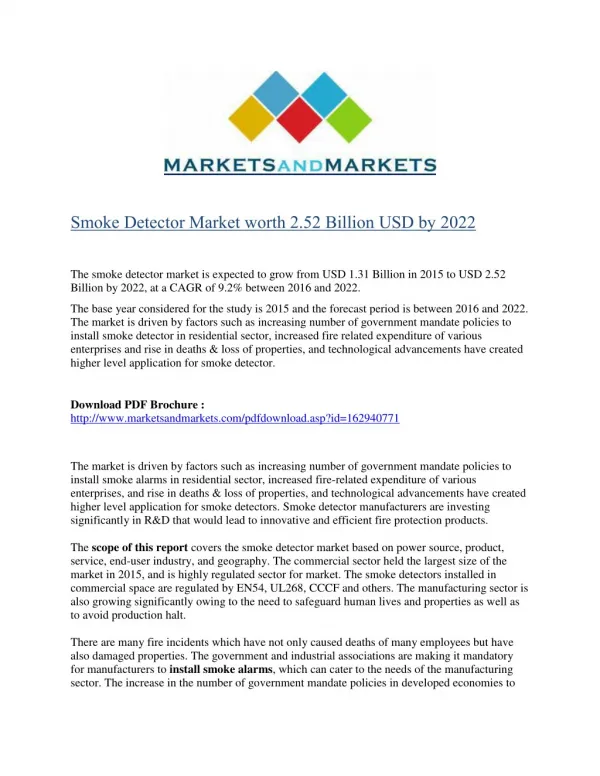 Smoke Detector Market worth 2.52 Billion USD by 2022
