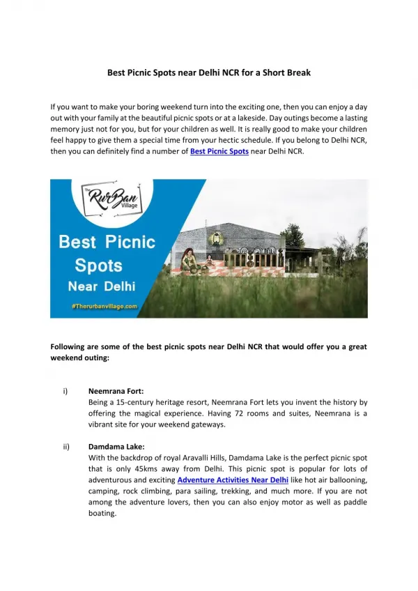 Best picnic spots near delhi ncr