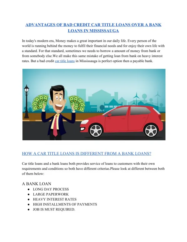 Advantages of bad credit car title loans over Bank loans in Mississauga