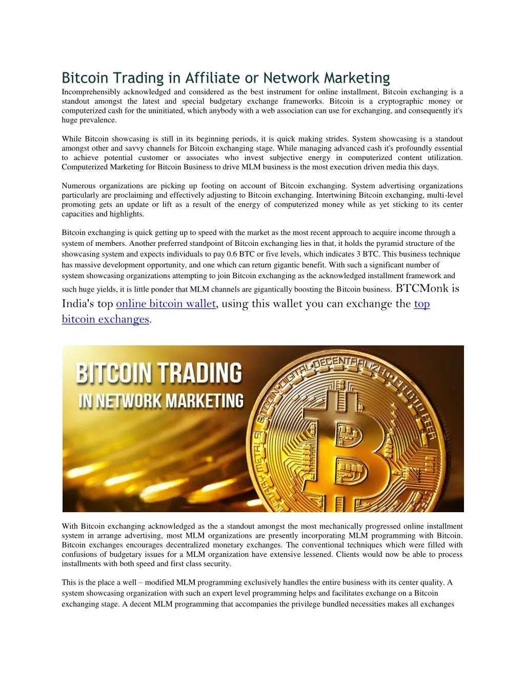 bitcoin trading in affiliate or network marketing