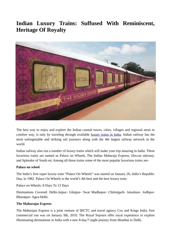 Indian Luxury Trains: Suffused With Reminiscent, Heritage Of Royalty