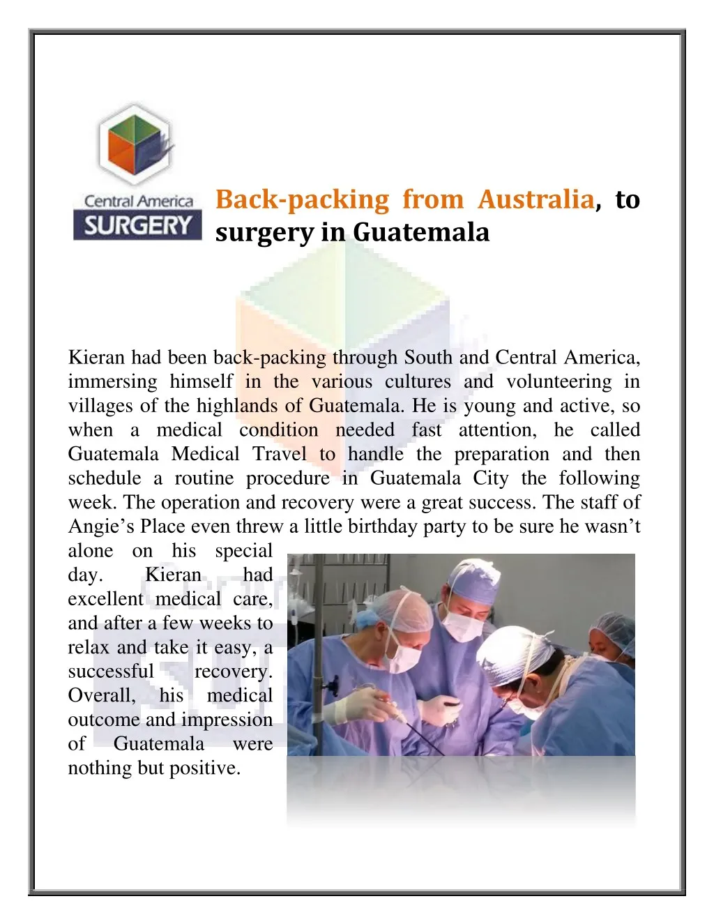 back packing from australia to surgery