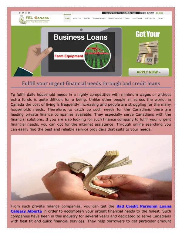 Call Felcanda 877-410-3995 for Bad credit loans Alberta