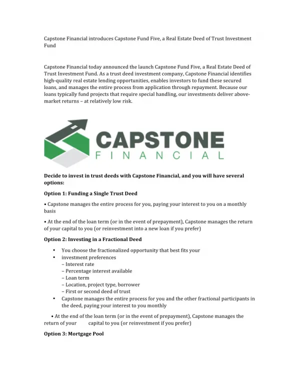 Capstone Financial| Arizona Real Estate Investment |Hard Money Mortgage AZ
