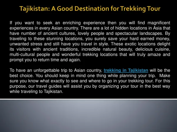 Tajikistan: A Good Destination for Trekking Tour