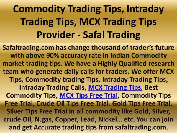 Commodity Trading Tips, Intraday Trading Tips, MCX Trading Tips Provider - Safal Trading