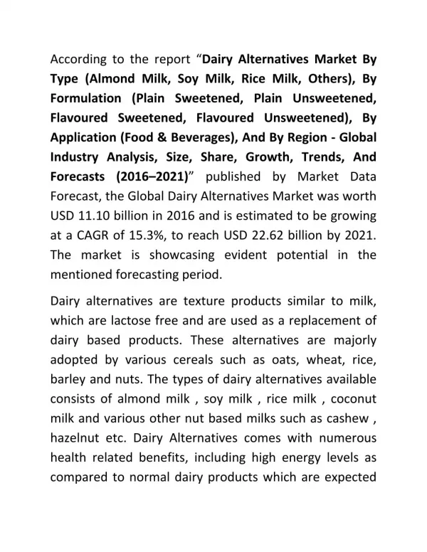 Dairy Alternatives Market will reach USD 22.62 billion by 2021